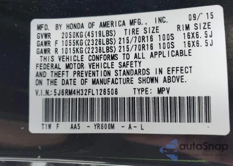 2015 Honda Cr-V Lx from USA, damaged, VIN 5J6RM4H32FL126508